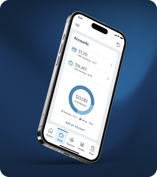 Official Axos mobile app rendering showing an illustrative accounts dashboard