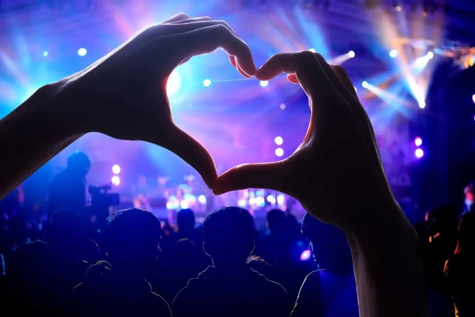 A concertgoer makes a heart shape with their hands above a live audience