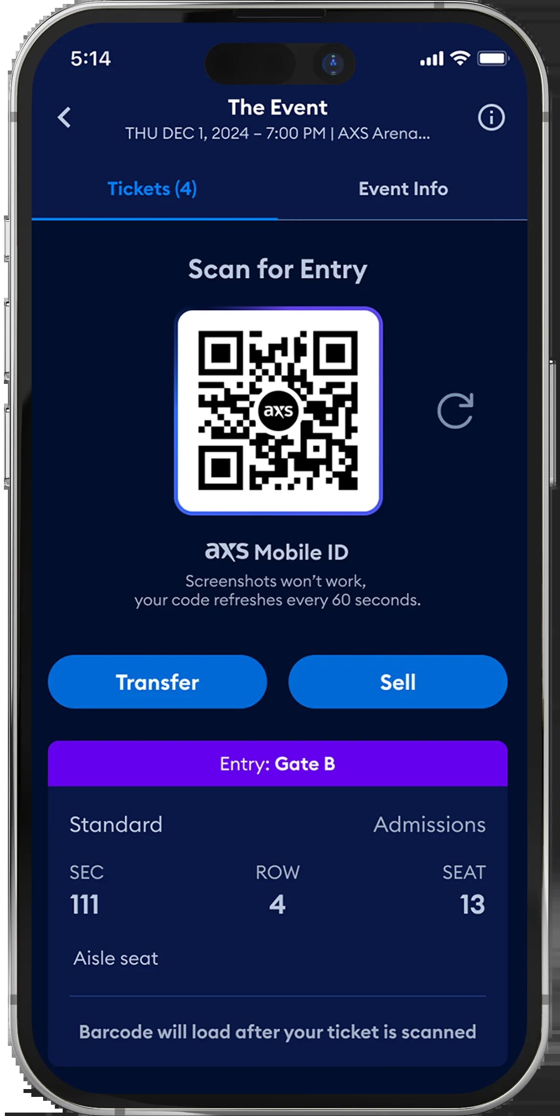 AXS Mobile ID product illustration showing a refreshing QR code and transfer and sell buttons
