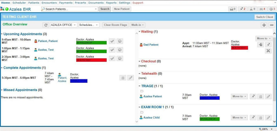 Azalea EHR demonstration dashboard showing appointments and patient room status