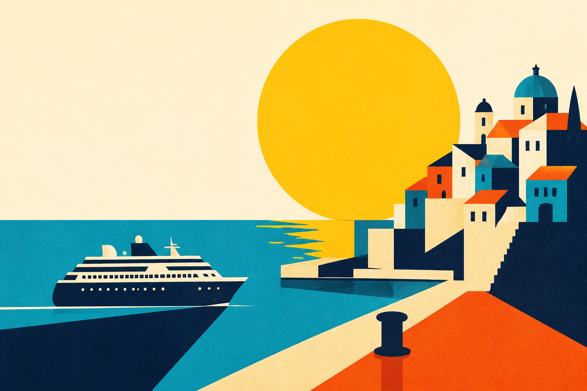 Minimalist illustration of a small cruise ship approaching a Mediterranean harbor at sunset