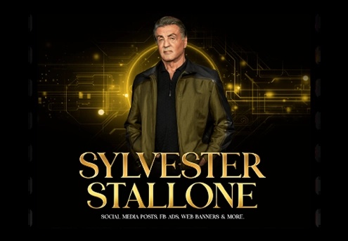Digital Visions Tech campaign artwork featuring Sylvester Stallone with gold lettering against a black background