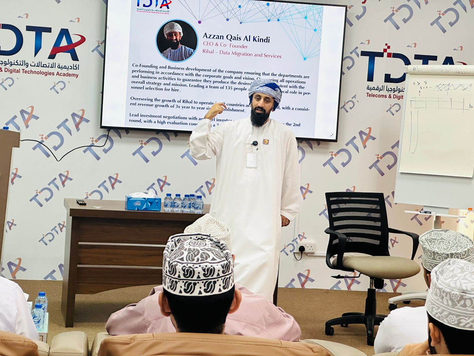Azzan Al Kindi speaking to trainees at the Telecoms and Digital Technologies Academy