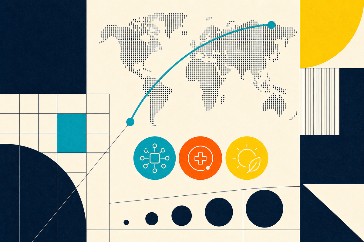 Abstract Swiss-style map linking global markets with technology, healthcare and energy symbols