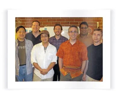 Seven Backblaze co-founders standing together against a brick wall