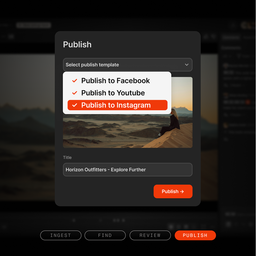 Iconik interface showing publishing controls connected to Wildmoka