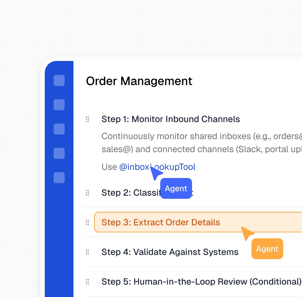 BackOps Relay interface mapping an order-management workflow with agent steps and a conditional human review