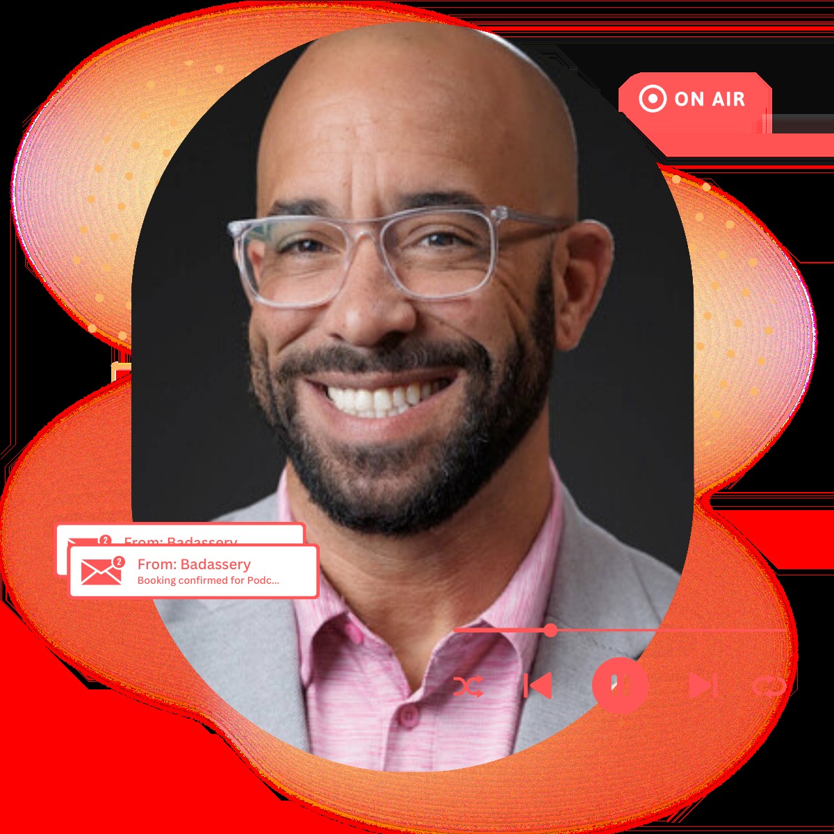 Badassery case-study portrait of Stephen Minix with podcast interface graphics