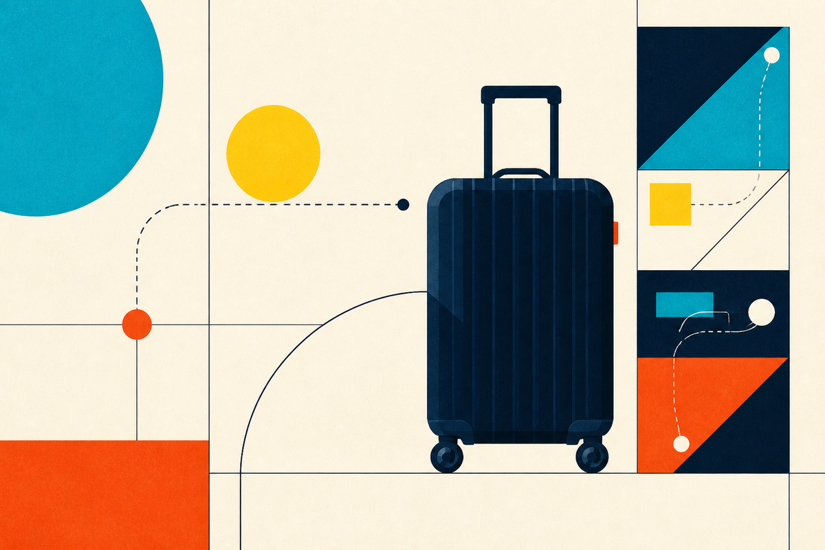 Geometric Swiss-style illustration of a rolling suitcase crossing a modular grid
