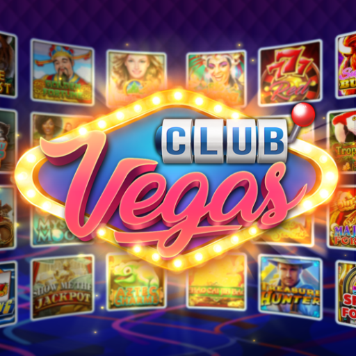Club Vegas Slots app artwork with a neon casino sign