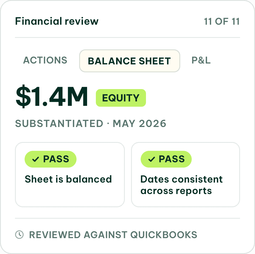 Bags demonstration panel showing financial-review checks and a balance-sheet equity figure