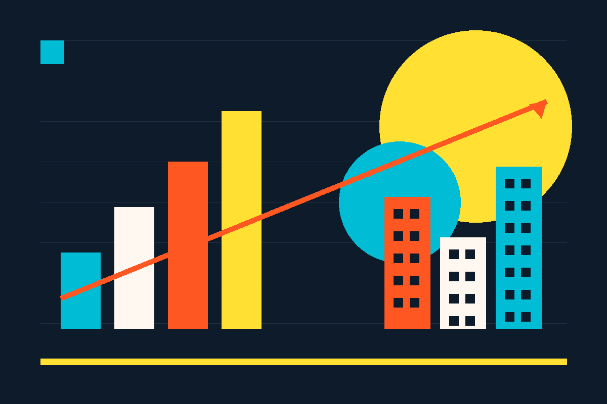 Swiss-style graphic of ascending bars, building blocks and an upward arrow