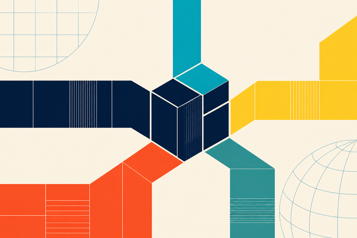 Abstract Swiss-style geometry showing five colorful pathways joining a stable navy structure