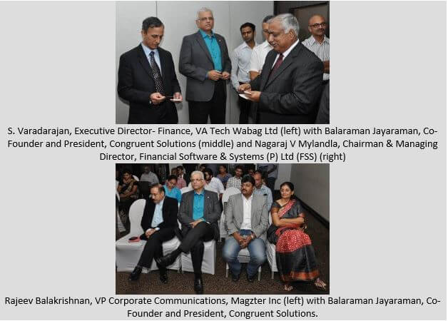 Two event photographs showing Balaraman Jayaraman, wearing a turquoise shirt and dark jacket, with fellow business leaders at the 2014 recognition event.