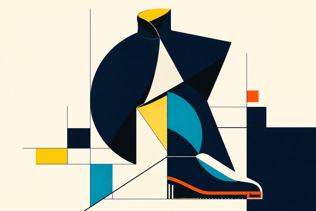 Abstract Swiss-style composition suggesting a sculptural coat and technical sneaker