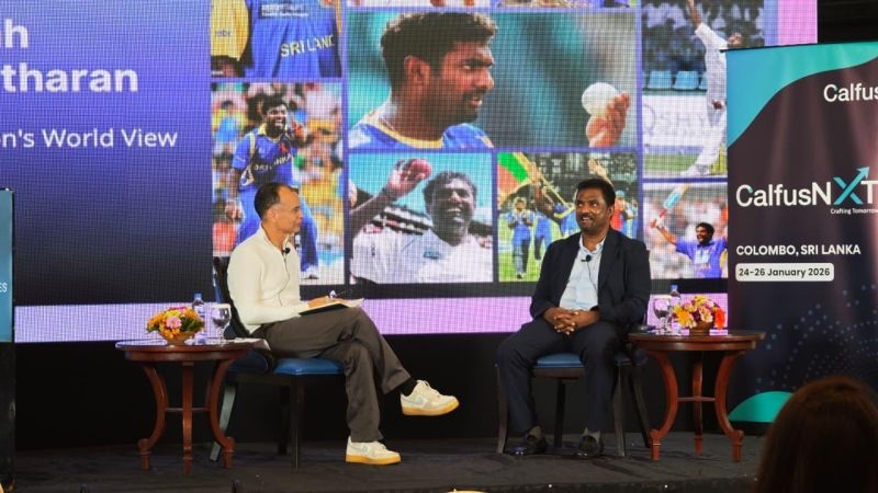 Baljeet Chhazal in conversation with Muttiah Muralitharan onstage at the CalfusNXT offsite in Colombo