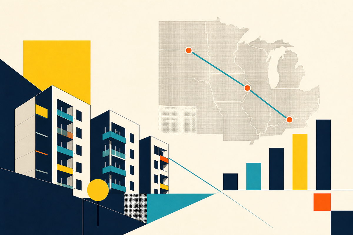 Abstract Swiss-style composition of apartment blocks, Midwest geography and rising bars