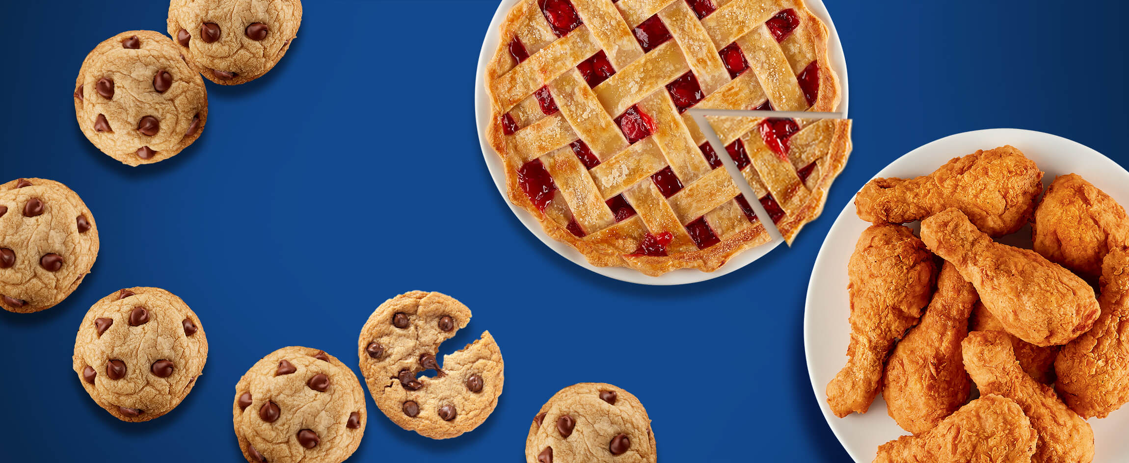 Crisco food photography featuring chocolate chip cookies, lattice pie and fried chicken