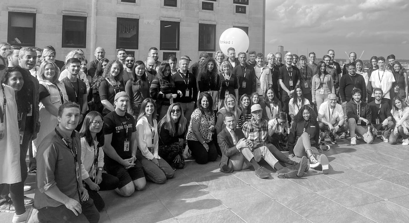 The Banked team gathered for a company photo