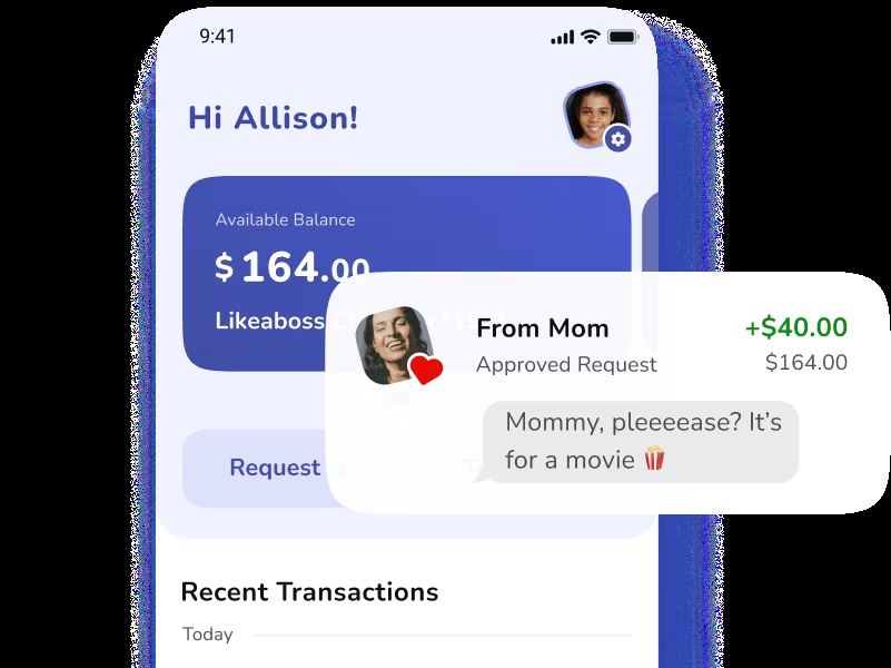Boucoup interface showing a young user’s balance and an approved forty-dollar request from Mom