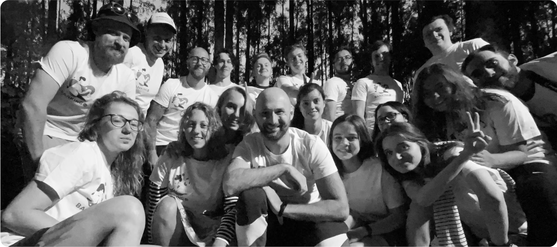BankingON team members gathered outdoors in a black and white company photograph