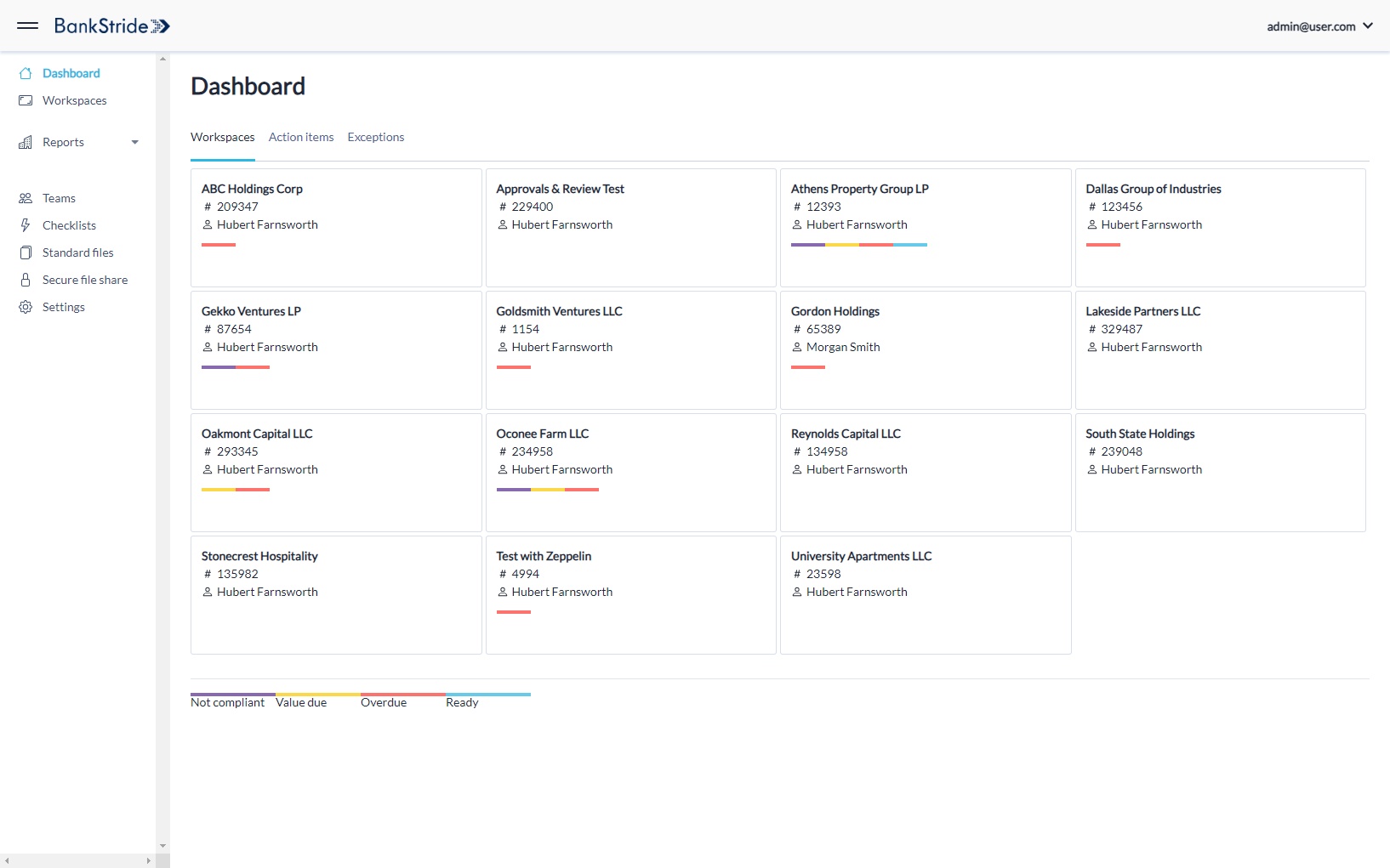 BankStride product dashboard with borrower workspaces and colored requirement status indicators