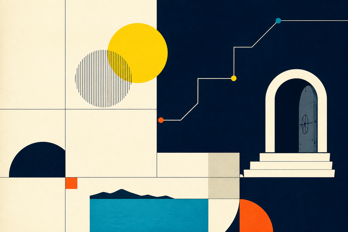 Abstract Swiss-style composition of grids, circles, a stepped line, a vault arch and Lake Geneva colors
