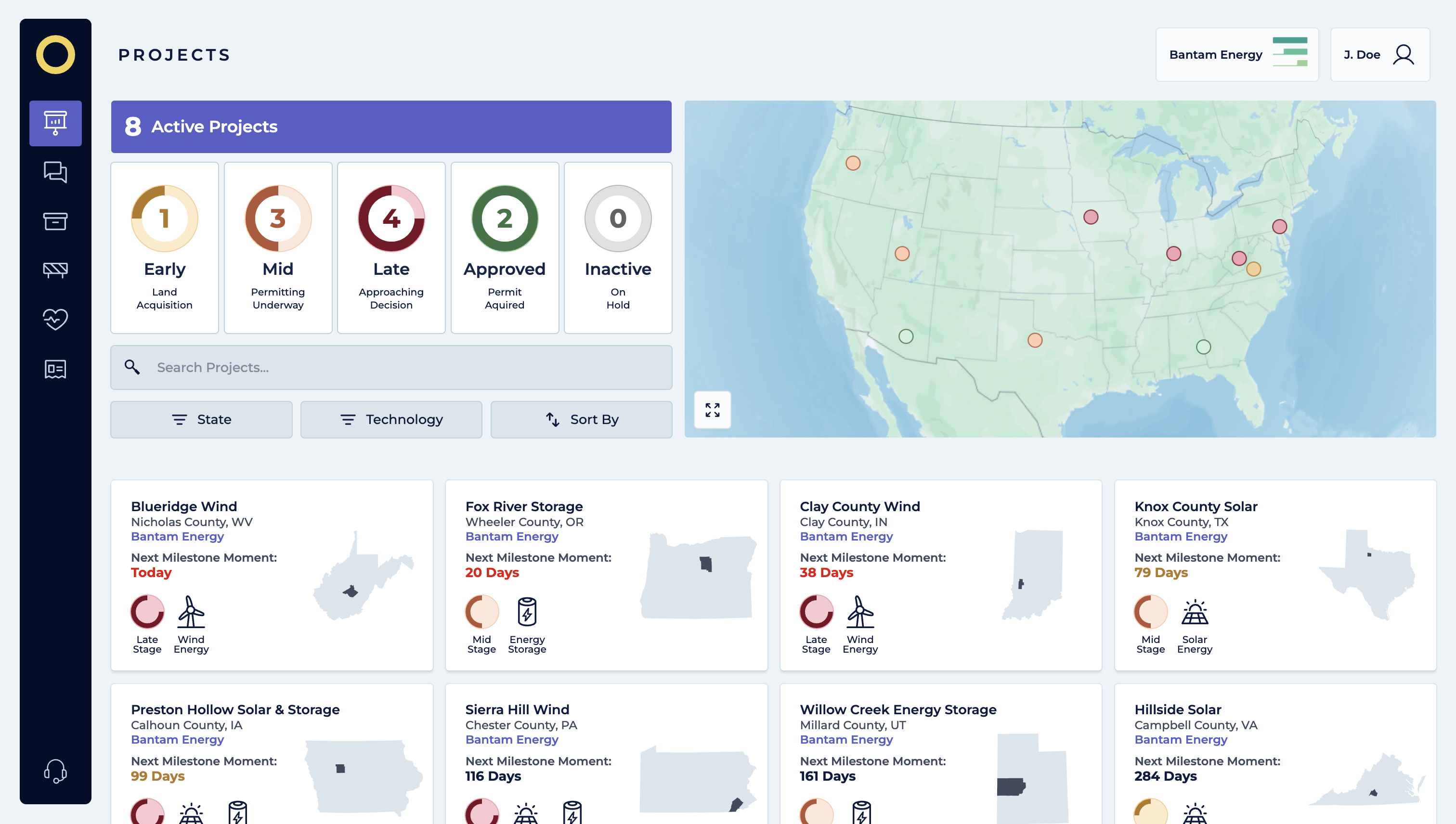 BantamOne project dashboard showing clean-energy projects, stages, maps, and milestone dates