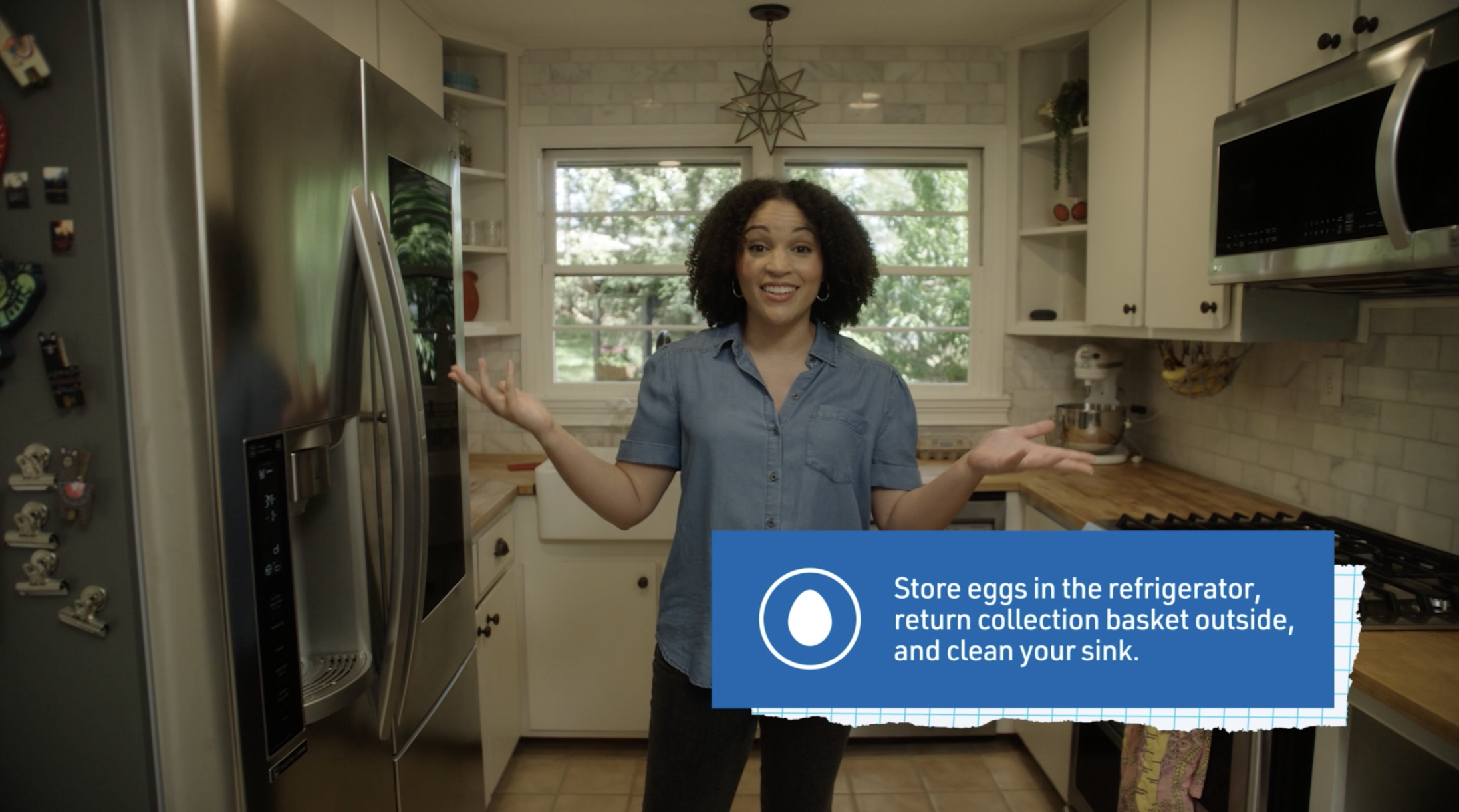 Still from a CDC Coops campaign video explaining safe egg handling in a home kitchen