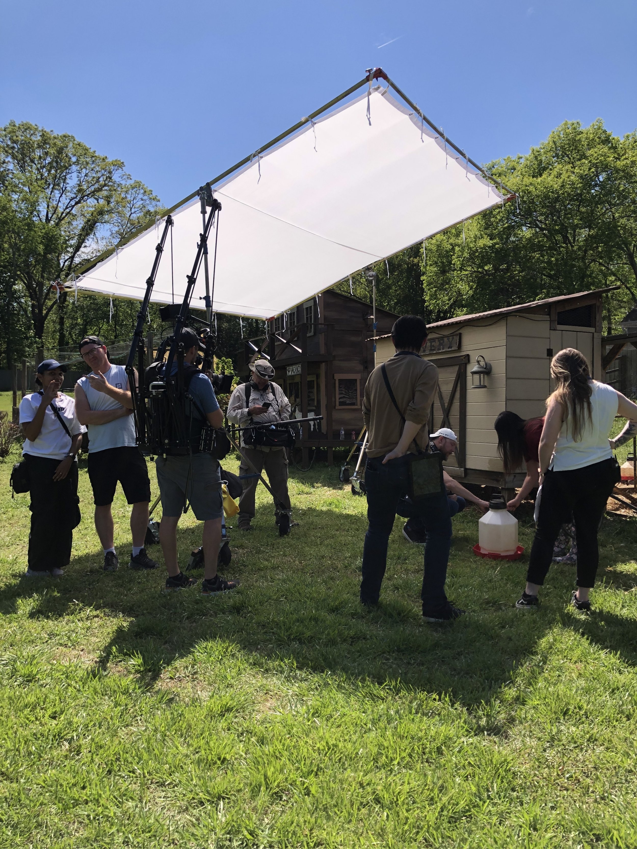 A video production crew works beside backyard chicken coops under a large outdoor diffusion screen