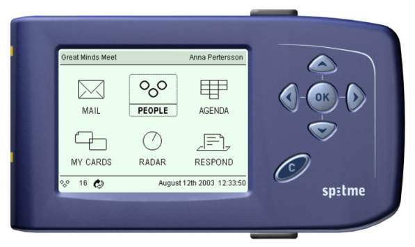 Original blue SpotMe handheld with six menu options and physical navigation buttons