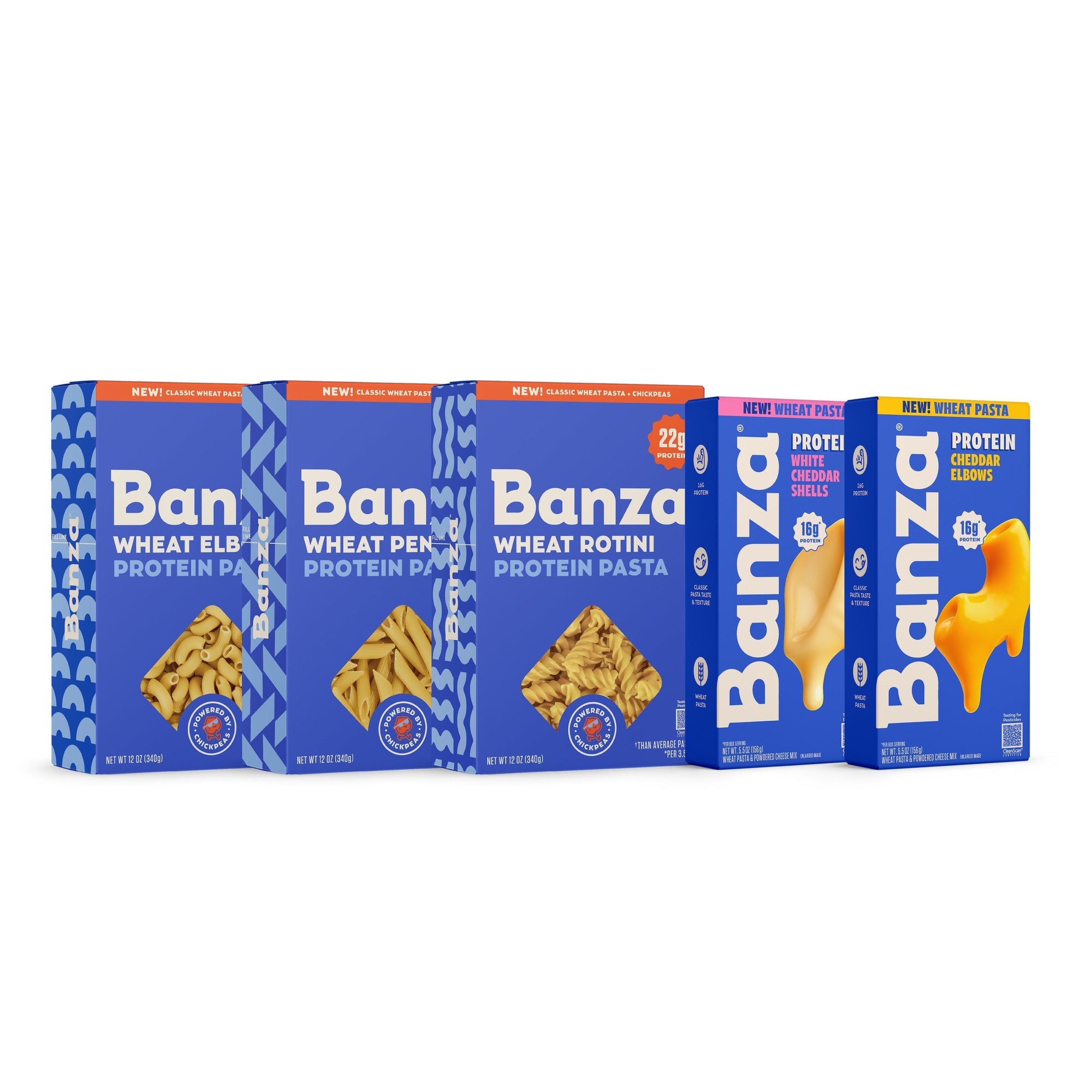 Banza Wheat Protein Pasta and Mac and Cheese product lineup