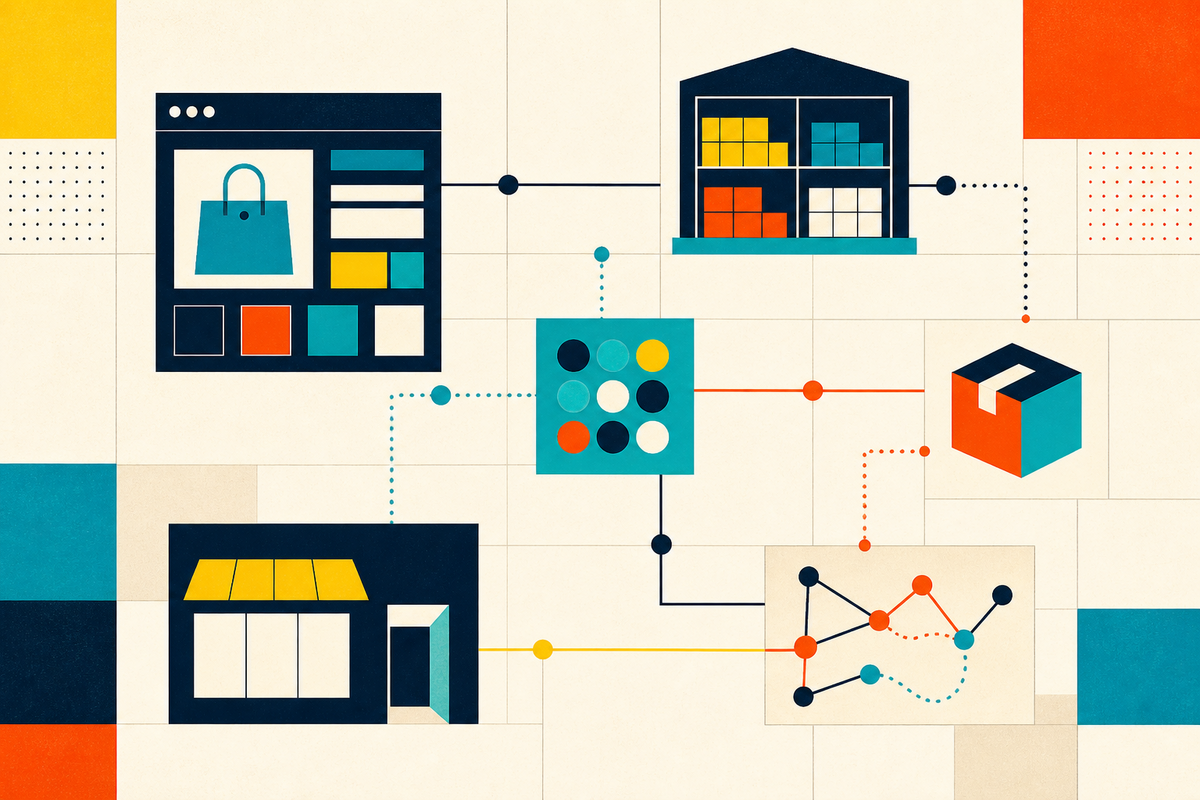 Abstract geometric network connecting a digital storefront, warehouse, parcel and physical shop