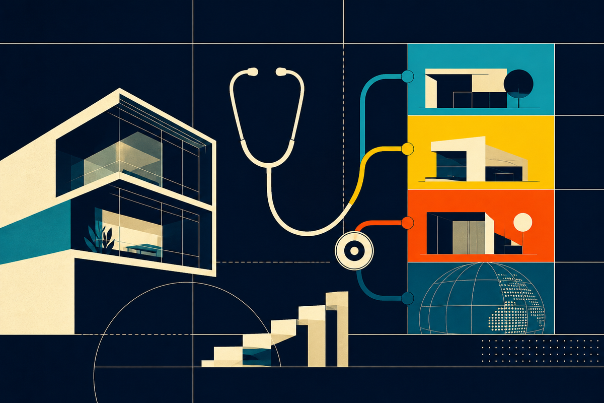 Abstract Swiss-style composition connecting a medical building, stethoscope, allocation blocks and a globe