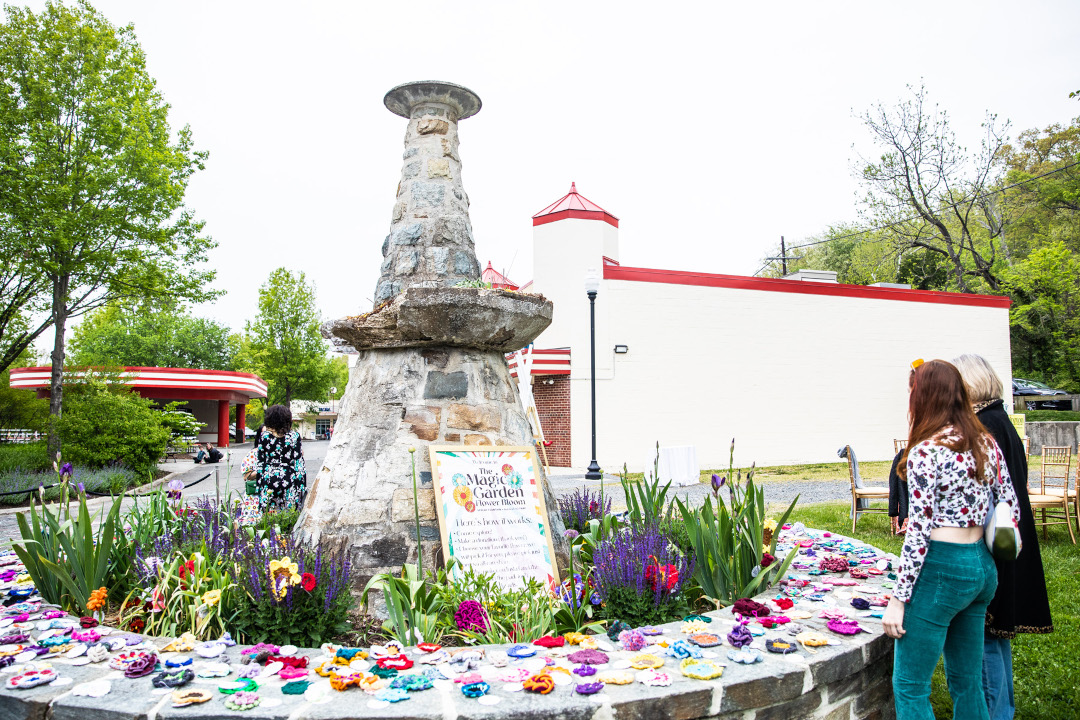 Beeler Fountain at Glen Echo Park decorated with colorful crocheted flowers