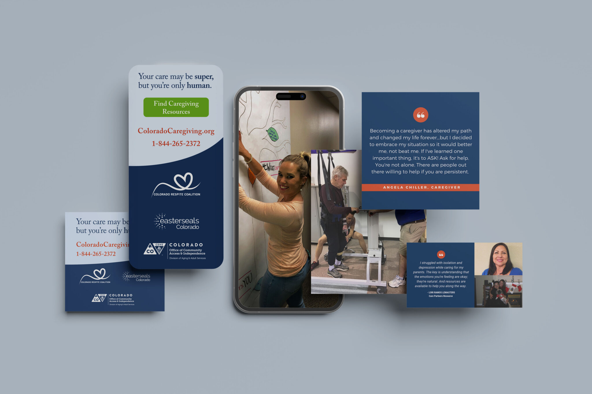 Campaign materials created for an Easterseals Colorado respite-care awareness campaign, arranged around a phone mockup
