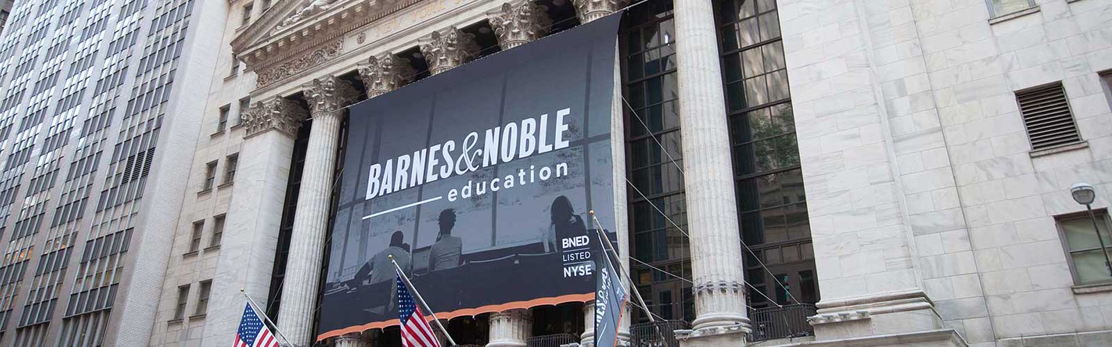 Barnes and Noble Education signage displayed outside the New York Stock Exchange