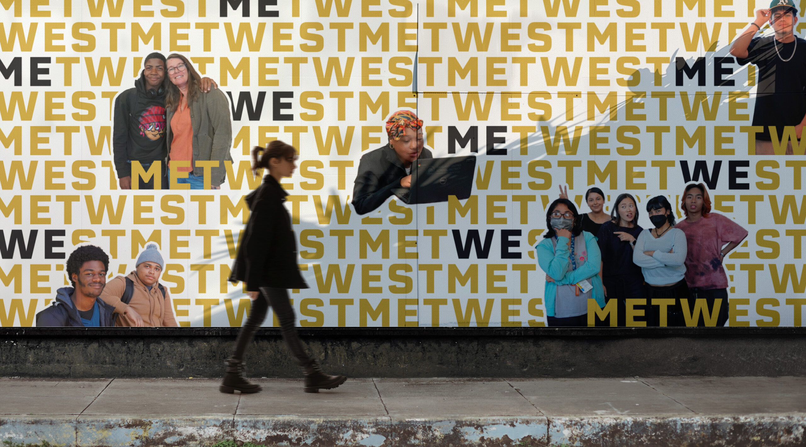 MetWest design mockup combining student portraits and repeated gold and black lettering