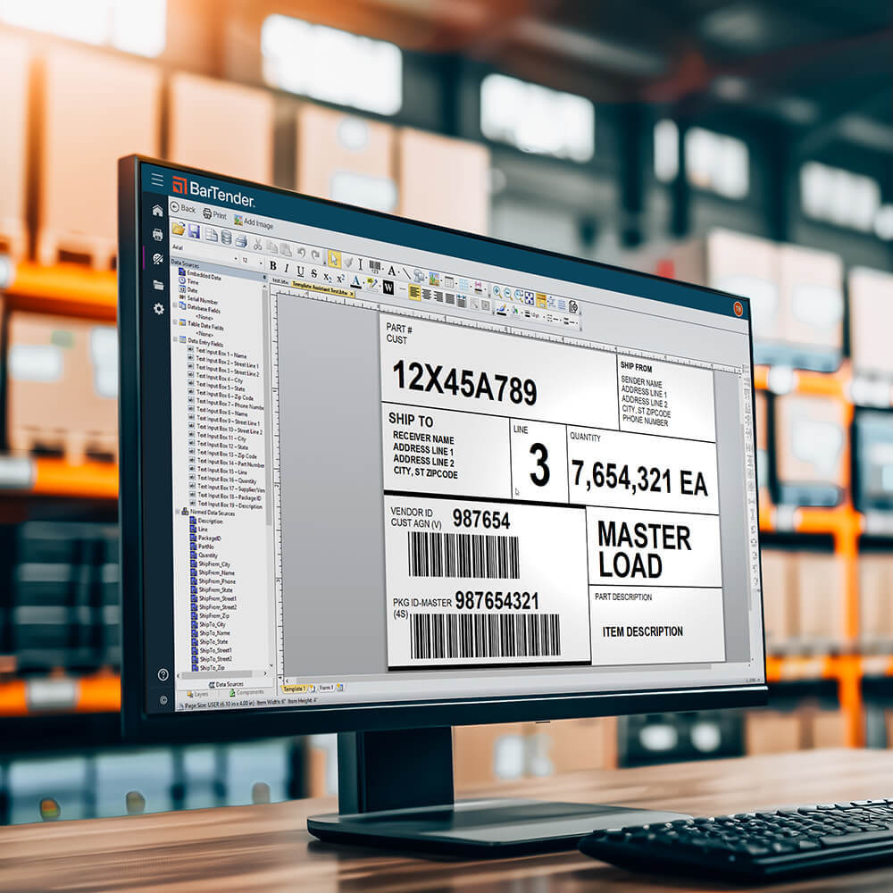 Official product illustration showing BarTender Cloud Designer with a shipping label on a warehouse monitor