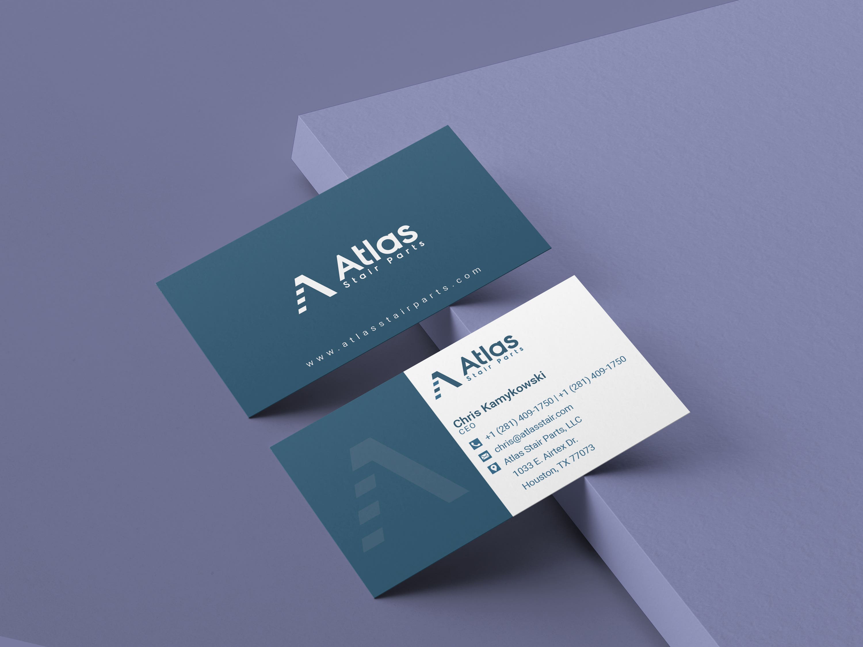 Atlas Stair Parts business-card mockup with teal and white faces, presented in Sunil Barwal’s portfolio
