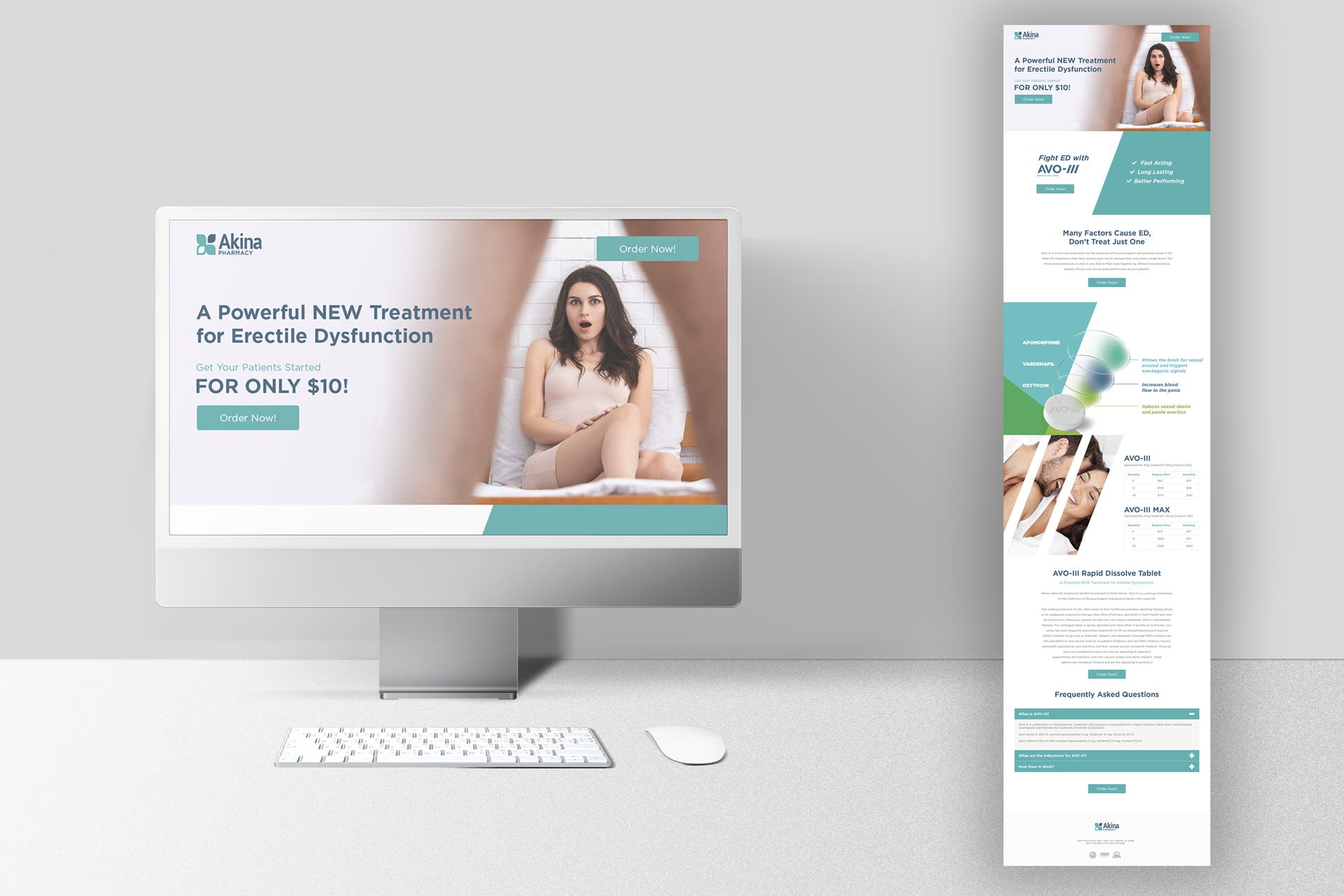 Portfolio presentation of an Akina Pharmacy promotional website, with a desktop mockup and a full-page layout