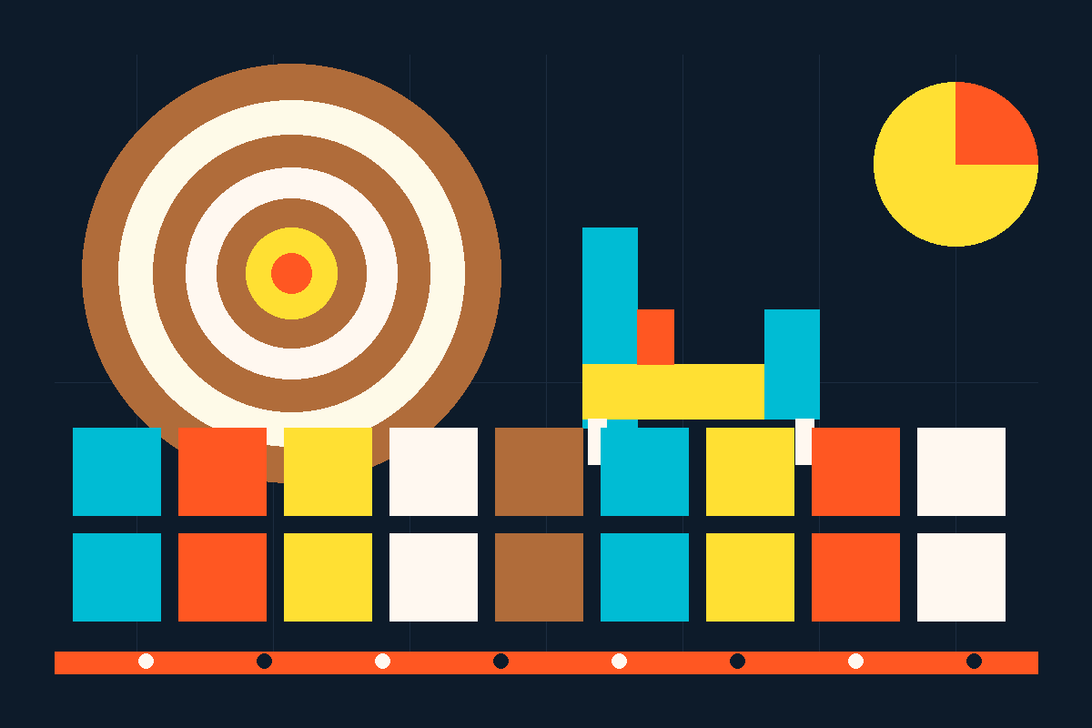 Swiss-style geometric poster of a hardwood tree ring, an upholstered chair, and a grid of fabric swatches