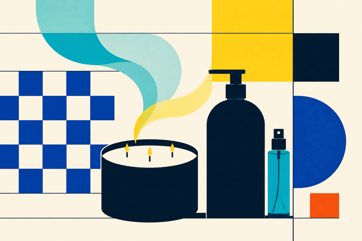 Abstract Swiss-style illustration of a candle, lotion pump and fragrance atomizer arranged with gingham squares and flowing scent ribbons