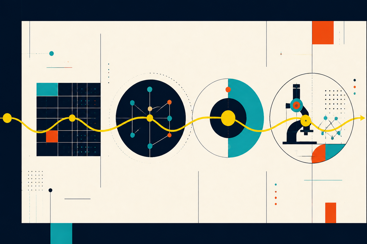 Abstract Swiss-style illustration of a yellow current moving through software grids, network nodes, consumer circles and scientific instruments