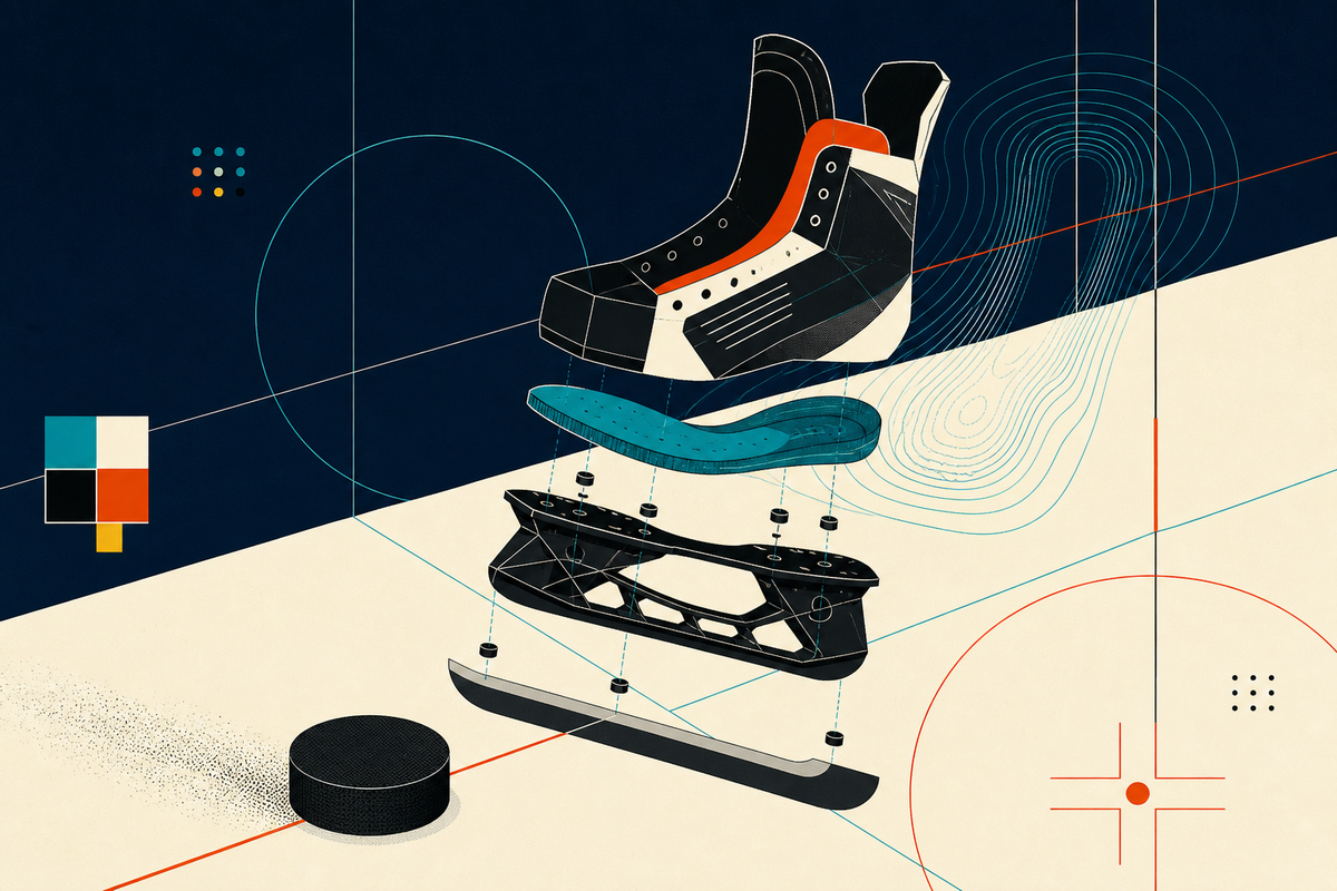 Abstract Swiss-style exploded diagram of a hockey skate, footbed, holder and blade