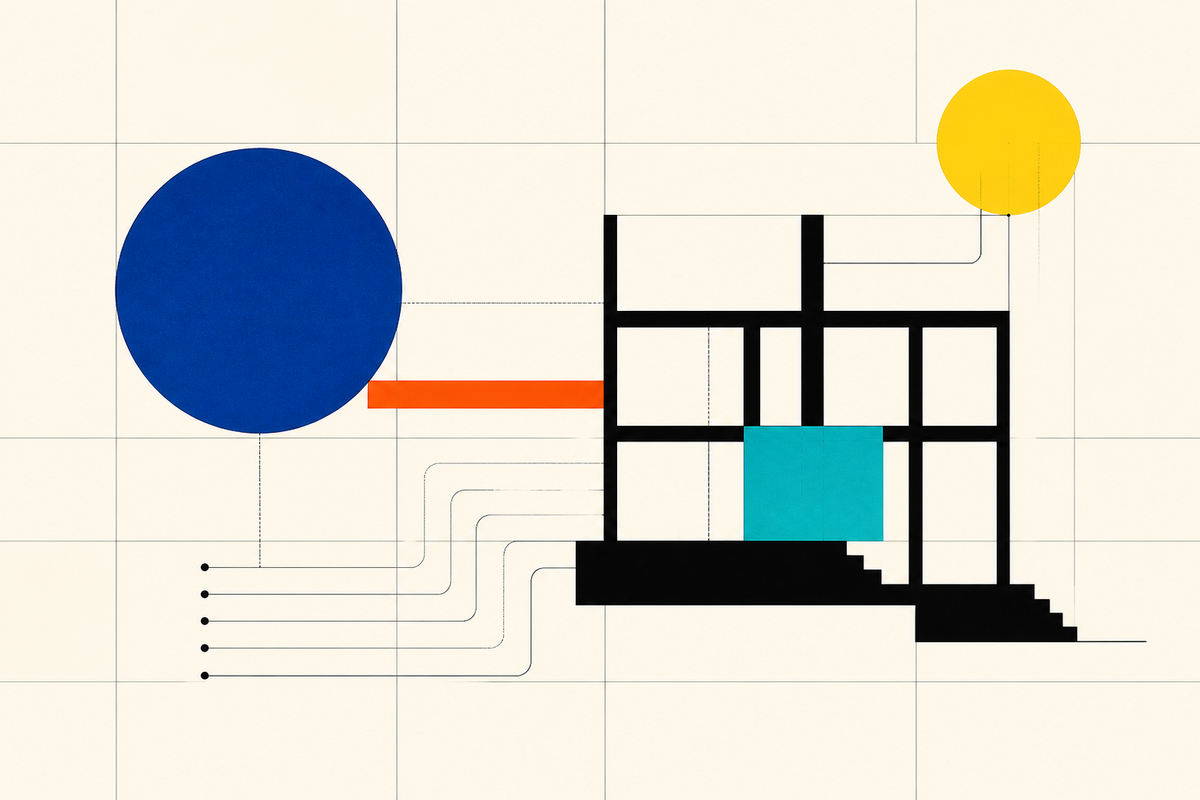 Abstract Swiss-style composition of geometric forms feeding into a structure