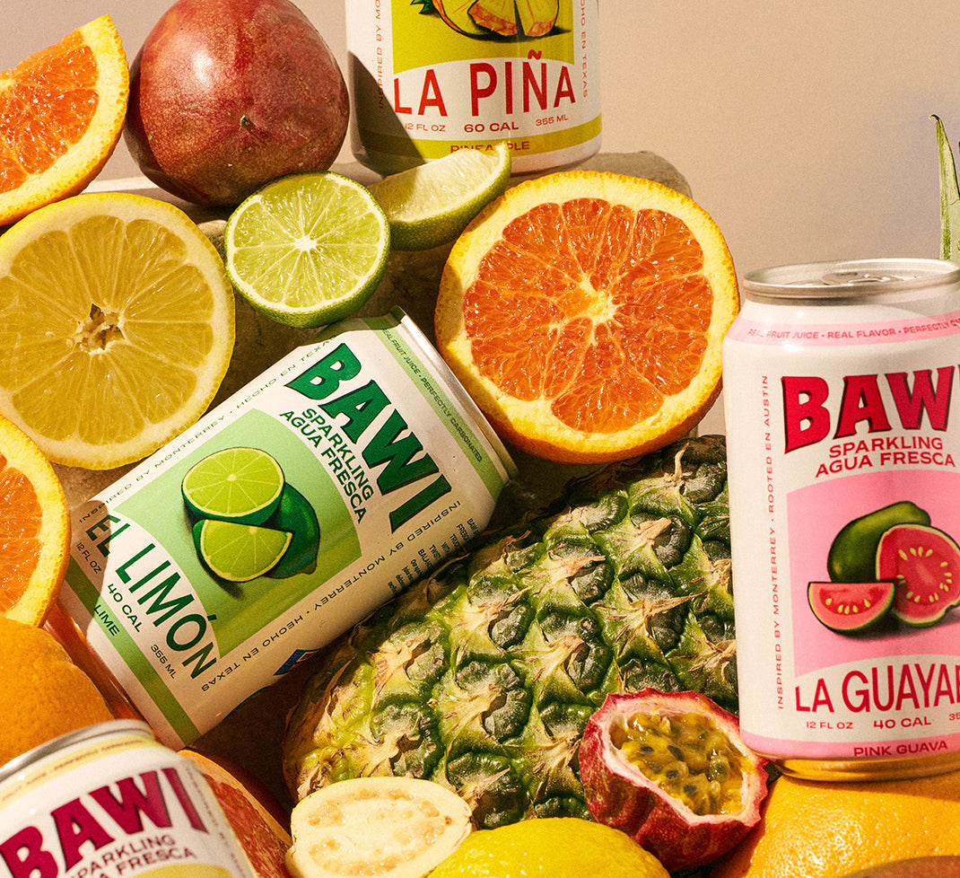 Bawi cans arranged with fresh fruit
