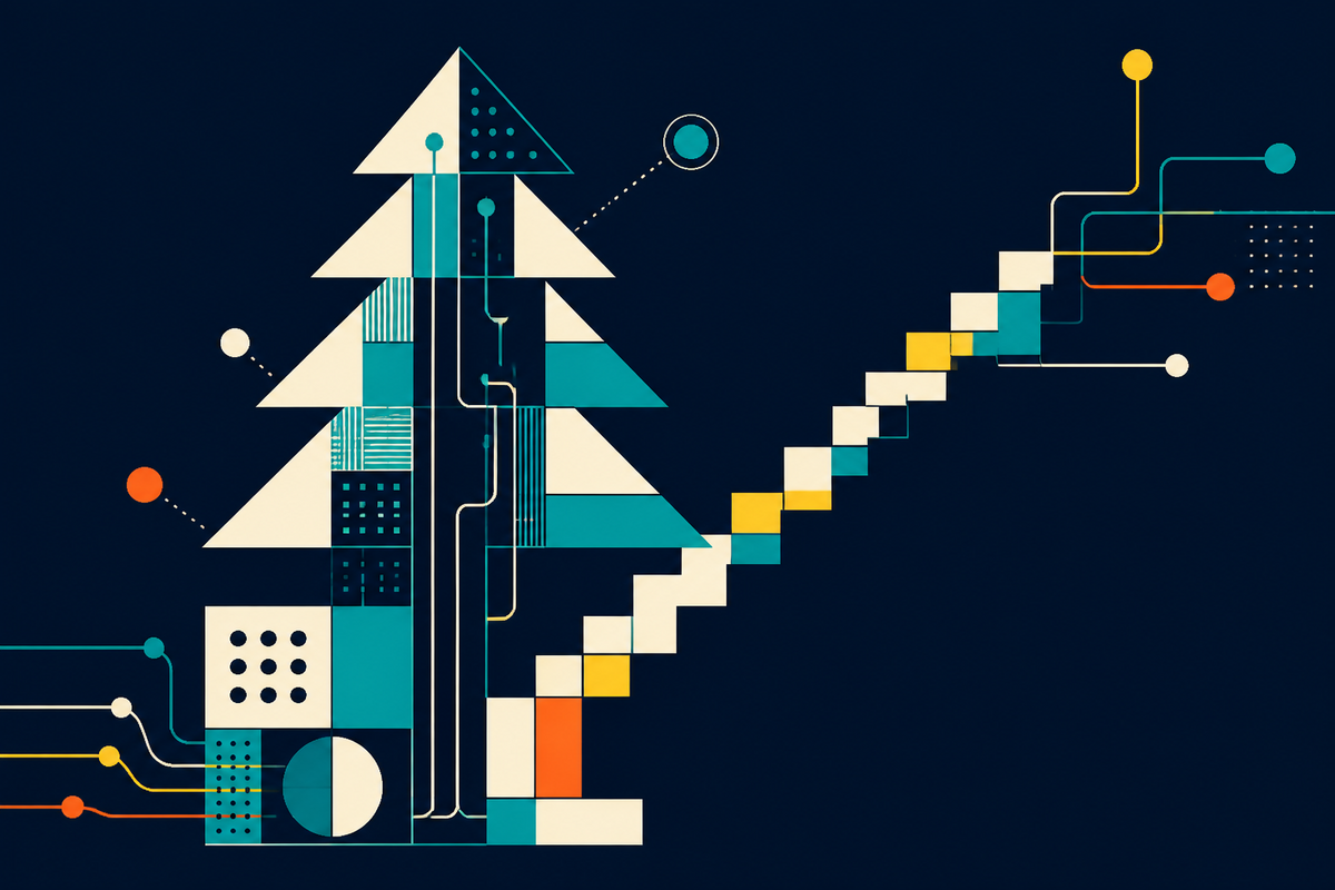 Abstract geometric pine made of data blocks and circuit paths climbing toward the upper right