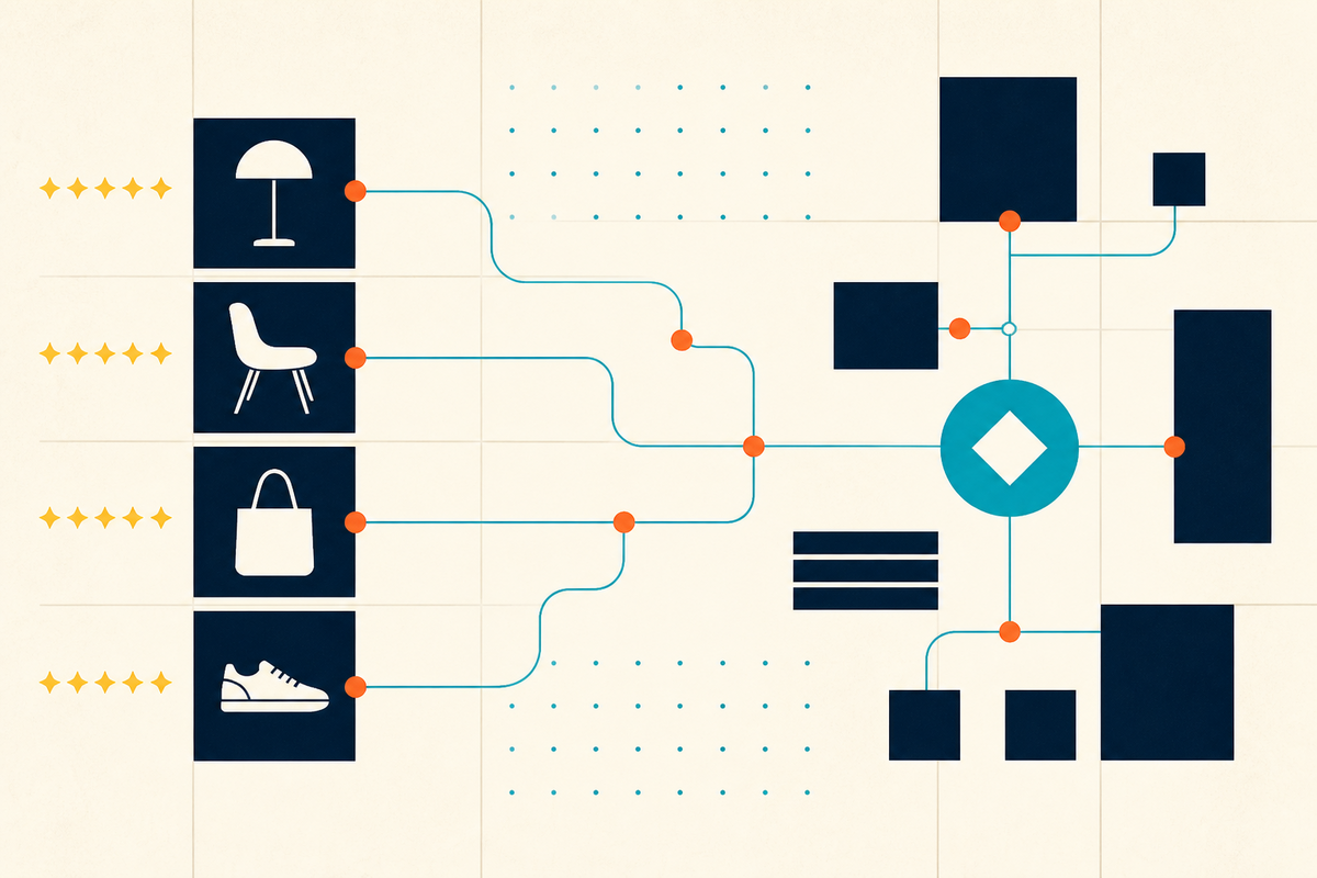 Abstract Swiss-style illustration showing product tiles feeding into a connected commerce network