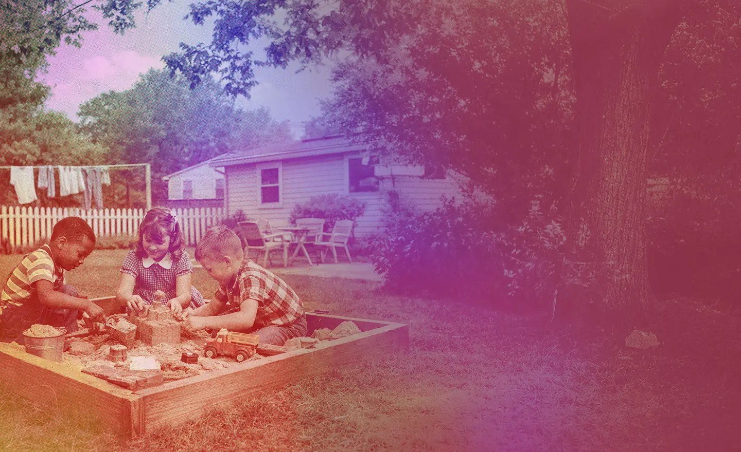 Three children building together in a sandbox, in a colorful image used by BCH Agency